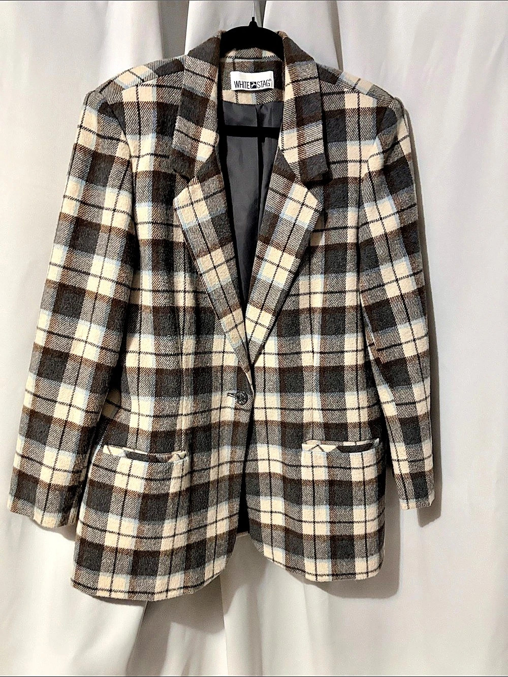 White Stag Plaid Pea Coat in Brown & Cream Like New